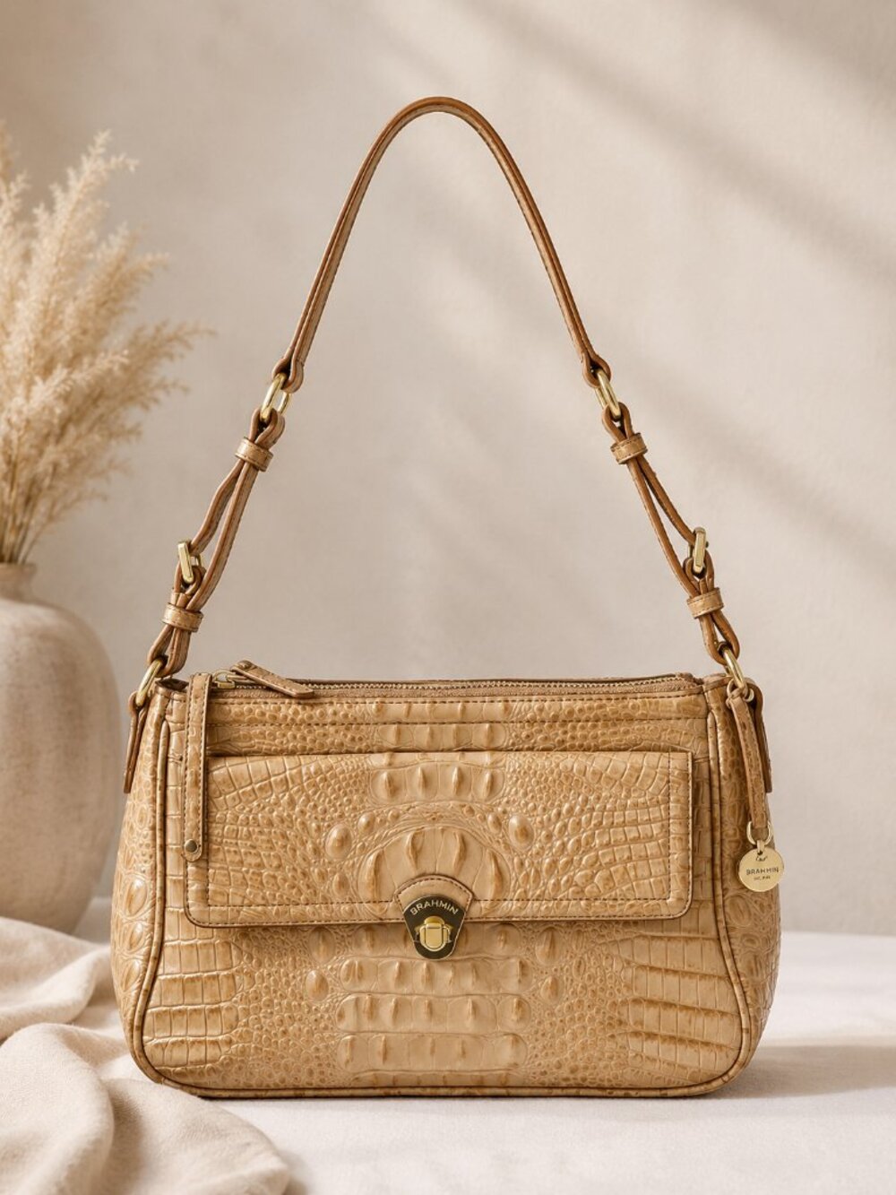 Brahmin Melbourne Toasted Almond Croc Embossed Leather Shoulder Bag